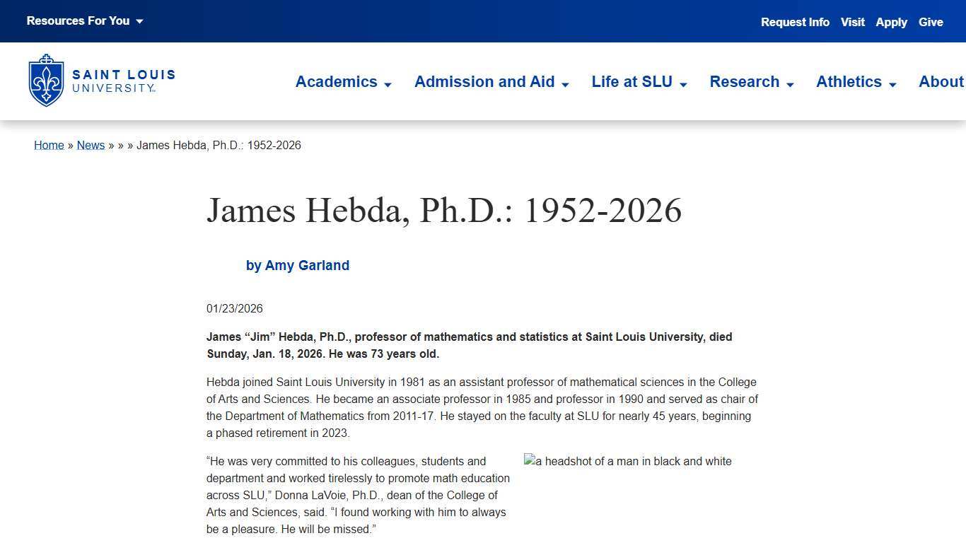 James Hebda, Ph.D.: 1952-2026 : SLU - Saint Louis University
